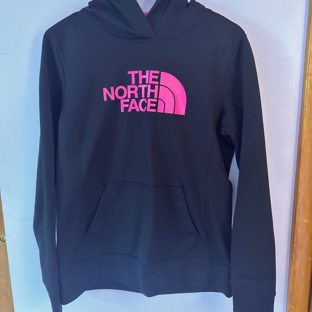 medium, black North Face hoodie with pink lettering